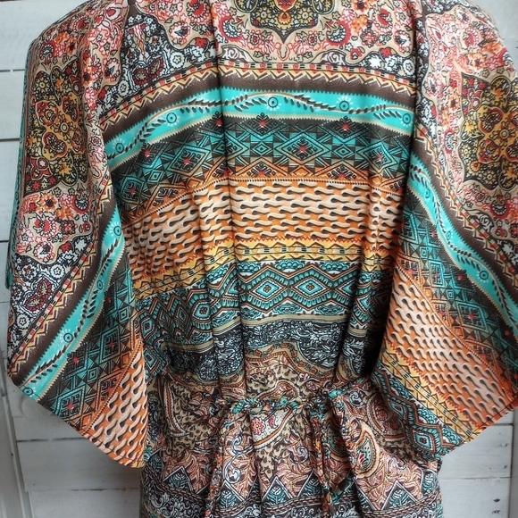 Fashion Fuse Kimono Kaftan Coverup Top Boho Print Tie Waist, Size Medium - Picture 6 of 12